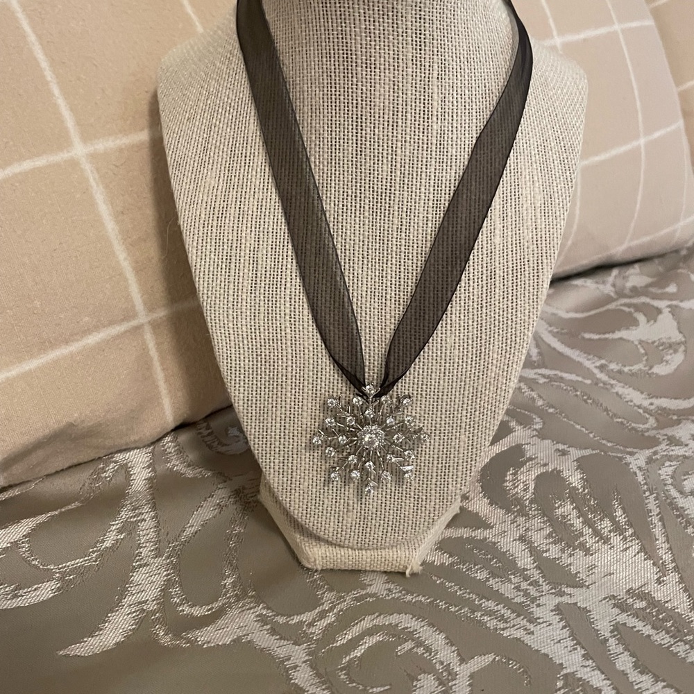 Crystal snowflake convertible brooch & necklace with black sheer necklace